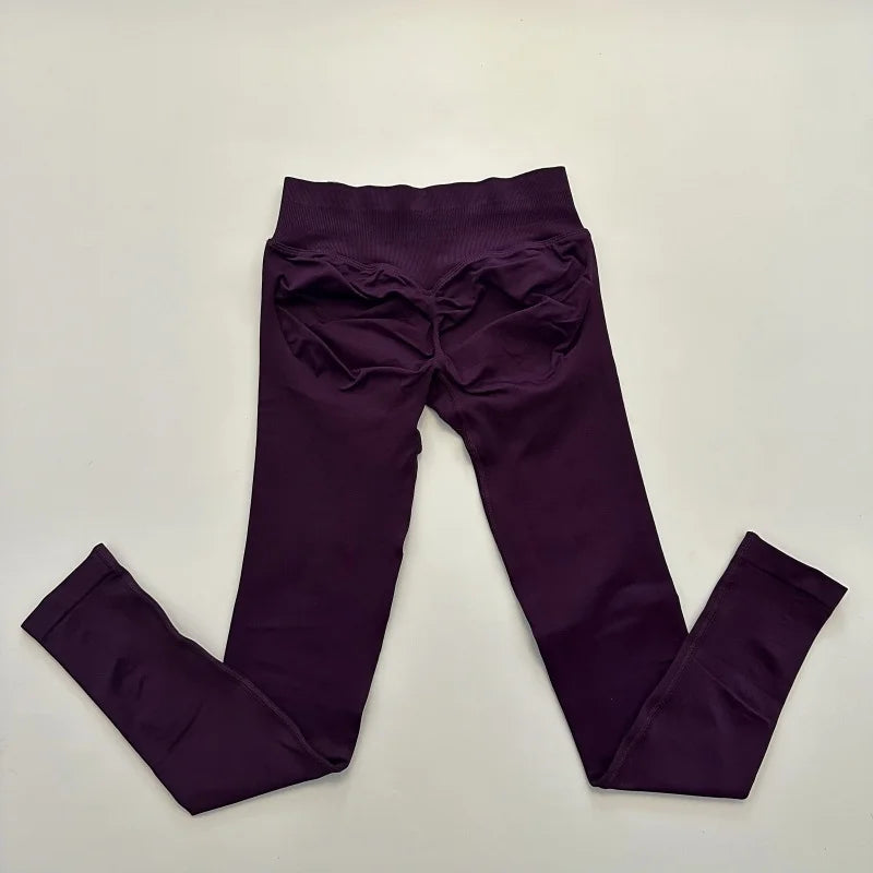 No Logo Leggings Women Low Ribbed Band Scrunch Bum Seamless Yoga Pants Gym Leggings Fitness Sweat Wicking Stretch Workout Tights