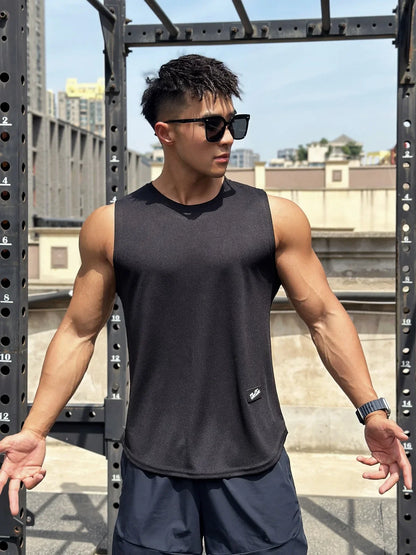 2025 Summer New Trend Men tank top Pullover Round Neck Mesh Bottom Shirt Sports Fitness Top Sleeveless Vest Quick Dry undershirt