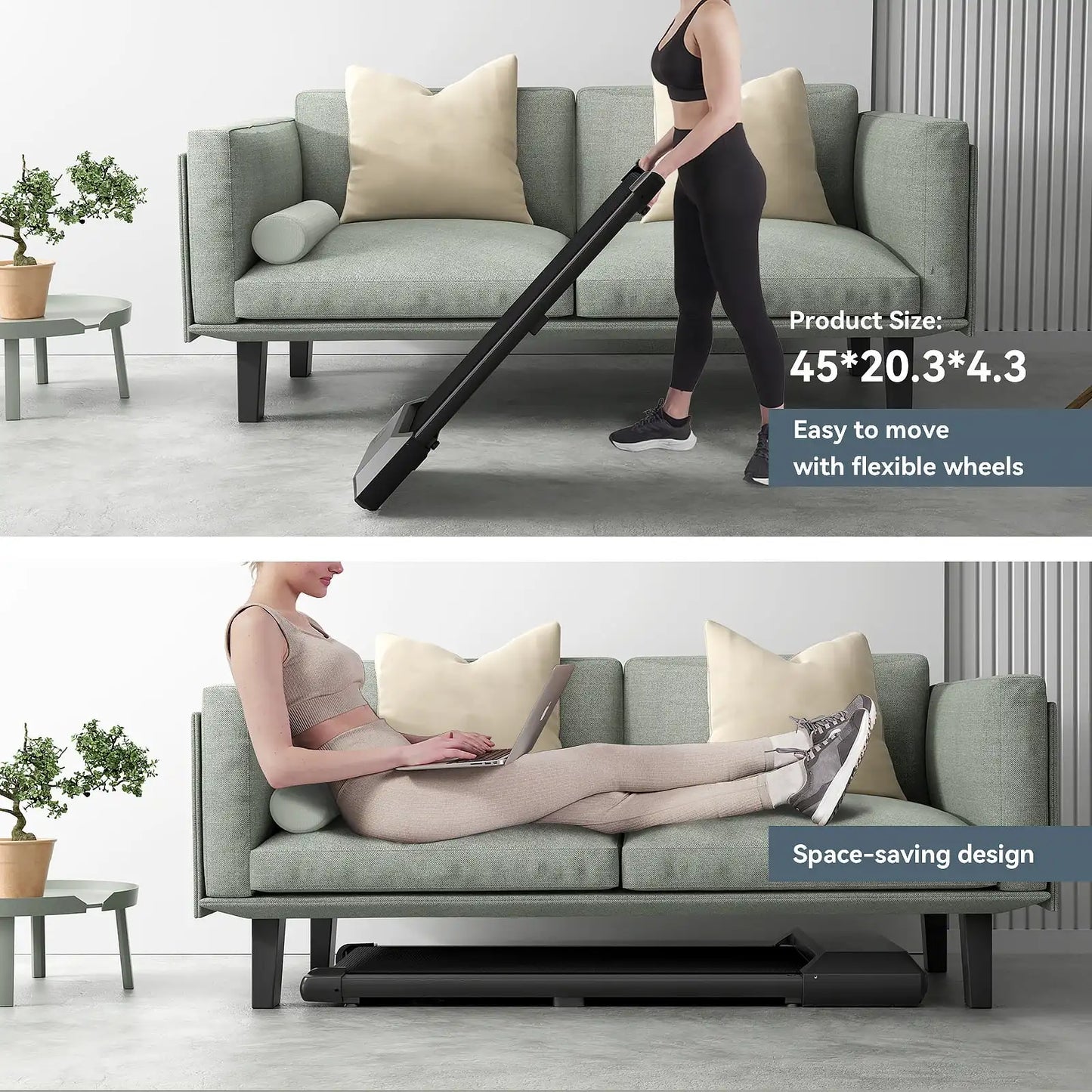 2in1 Walking Pad Treadmill Portable for Home&Office Under Desk 15.35*31.5in Belt Treadmill with Max 250lbs Quiet 45dB Treadmill