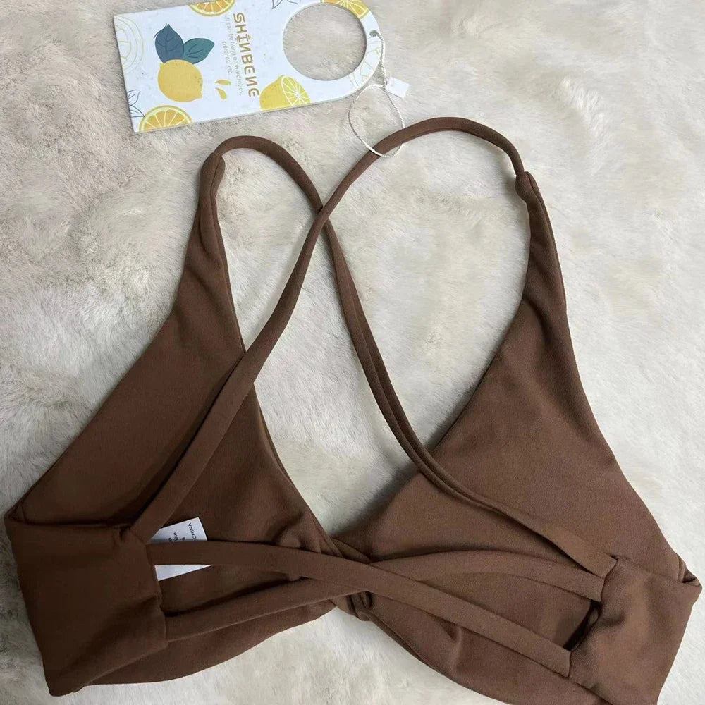 SHINBENE Front Twist Padded Cross Strap Sports Bra Sexy Back Fitness Sleeveless Short Top Yoga Sports Bra