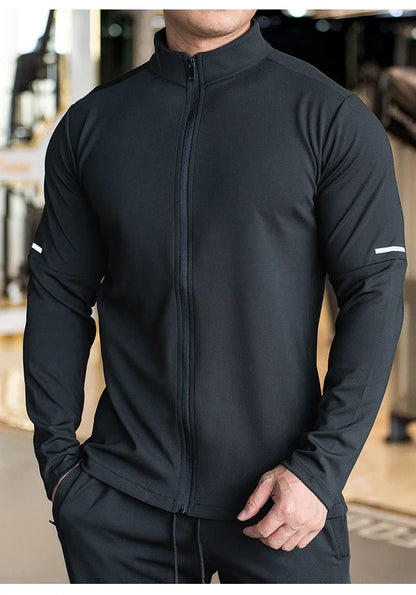 Men's Sports Fitness Casual Tops Long Sleeve Stand Up Collar Solid Colour Jacket Jogging Workout Sweatshirt with Zip Long Sleeve