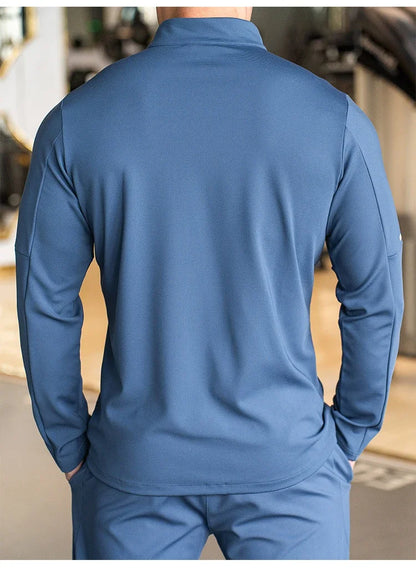 Men's Sports Fitness Casual Tops Long Sleeve Stand Up Collar Solid Colour Jacket Jogging Workout Sweatshirt with Zip Long Sleeve