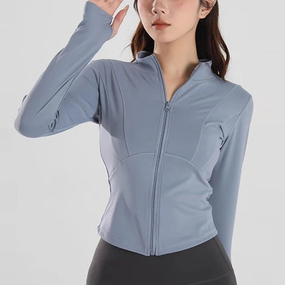 Women's Slim Fit Long Sleeved Yoga Exercise Jacket Stand up Collar Fitness Zipper Top Slimming Yoga Wear for Women