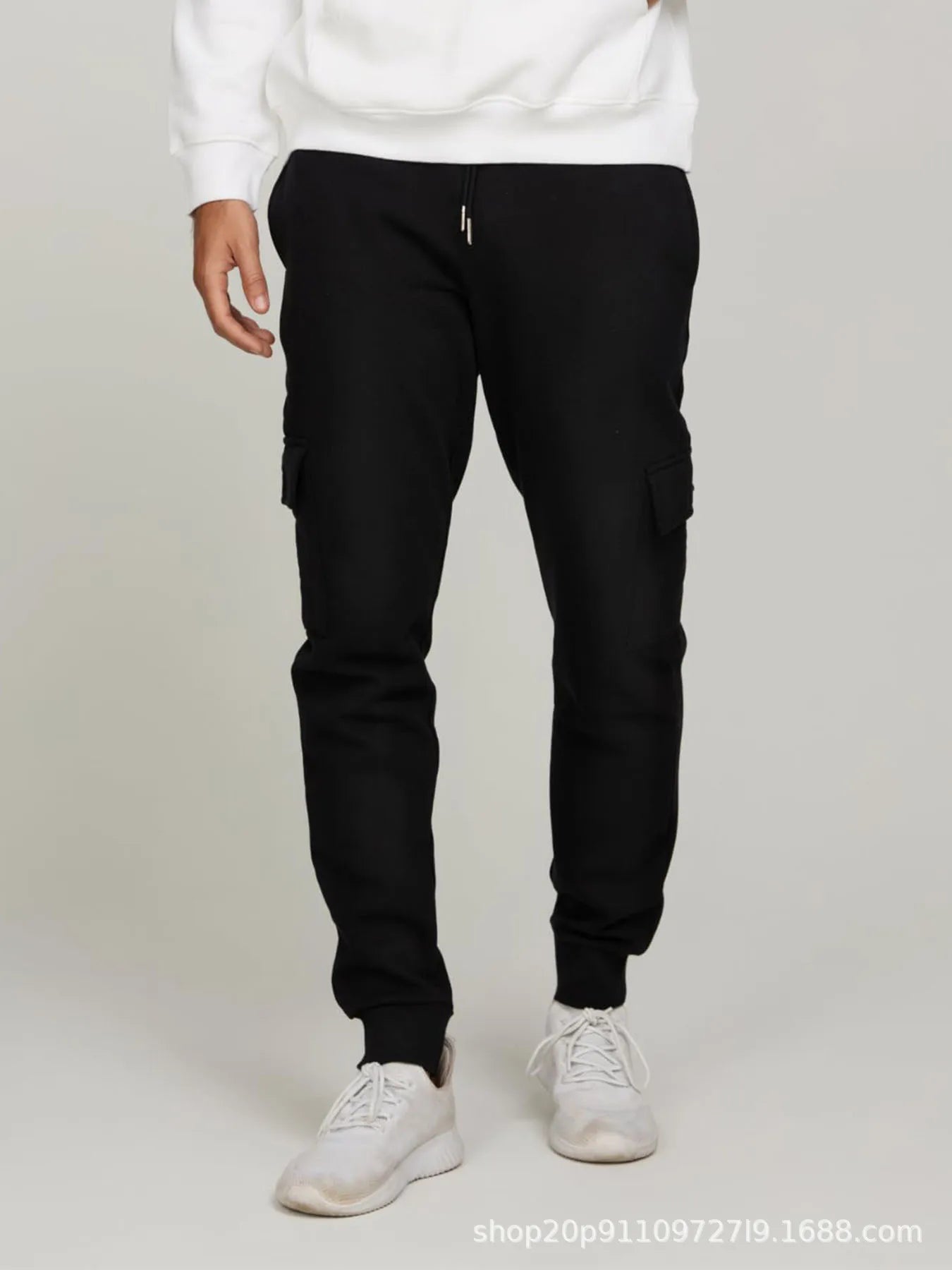 Men's Casual Fitness Long Pants Fleece Lined Cuffed Running Trousers Multi Pocket Workwear Sports Pants Low Waist Slim Fit