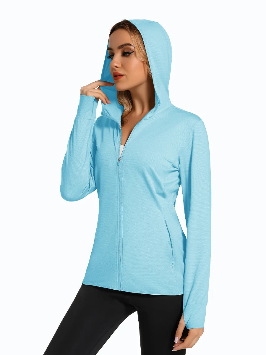 MAGCOMSEN Spring Lightweight Jackets Women's UPF 50+ Sun Protection Hooded Zip Shirts Running Athletic Tops Thumb Holes Hiking