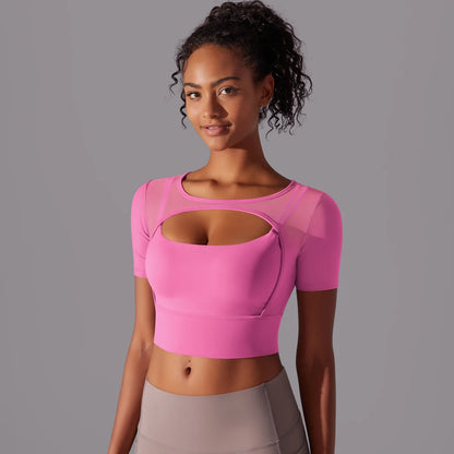 Women's Mesh Yoga Shirt Sexy Short Sleeve T-Shirt Sport Top Blouse Cover Up Quick Dry Gym Clothes Running Fitness Tank Sportwear