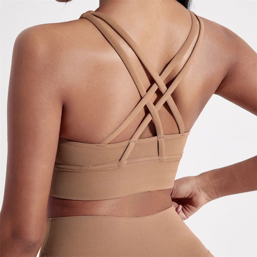 Solid Color Women Cross back Fitness sport Bra high strength Tight Top Comprehensive Training Gym Yoga Underwear With Chest Pad