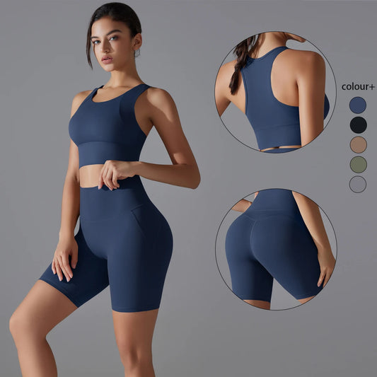 Yoga Suit Sports Set Gym Sports Crop Tops Solid Color Nylon Yoga Bra  Running Cycling Sports Gym Workout Yoga Shorts