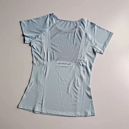 Women's sports and fitness short sleeved shirt, round neck pullover, mesh breathable quick drying yoga and fitness T-shirt