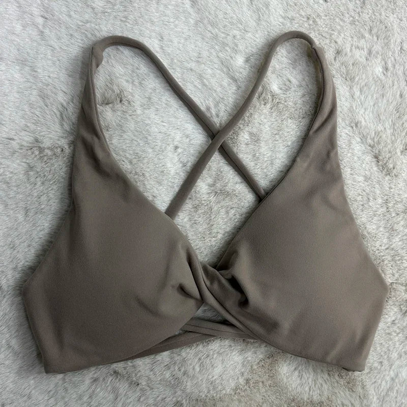 SHINBENE Front Twist Padded Cross Strap Sports Bra Sexy Back Fitness Sleeveless Short Top Yoga Sports Bra