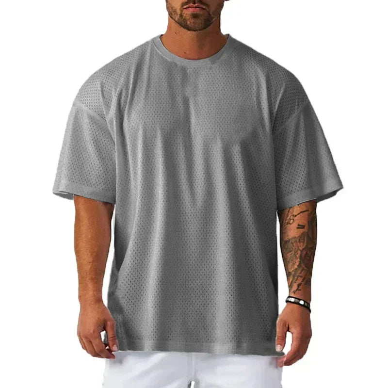 Plain Oversize Loose Short Sleeve T-shirts Gym Fitness Bodybuilding Shirts Mesh Breathable Quick Dry Dropped Shoulders Mens Tops