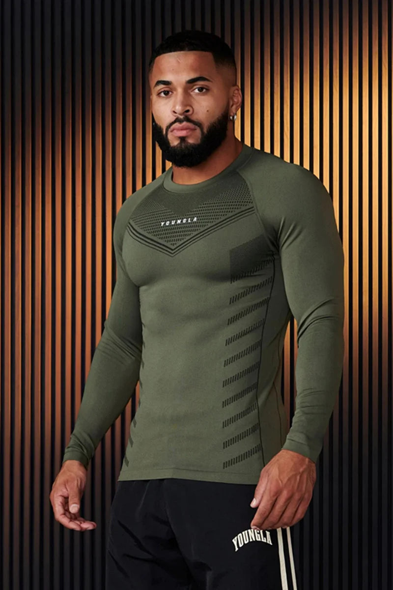 Spring Autumn Men Slim Fit Casual Elastic Training Top Long Sleeve T-shirt Fitness Sports Milk Silk Material Running Fitness