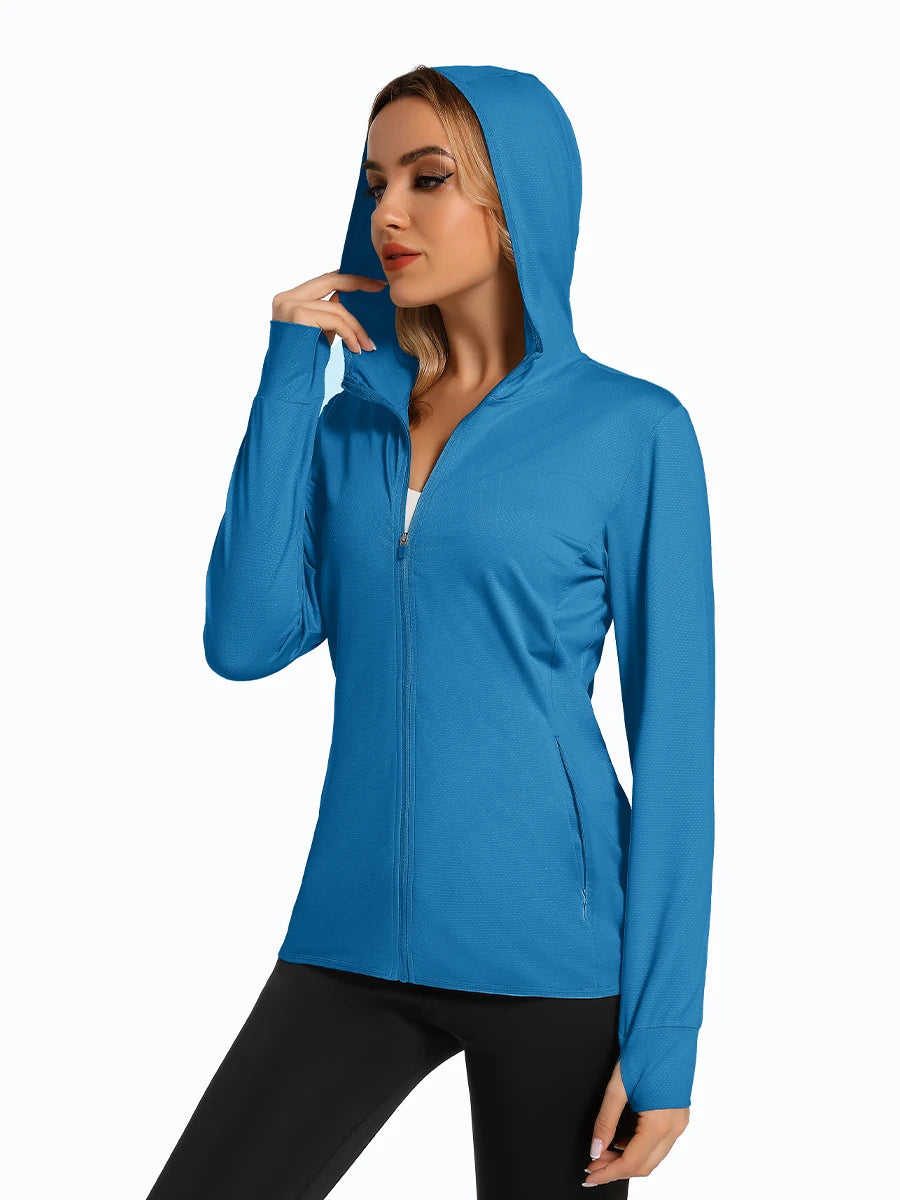 MAGCOMSEN Spring Lightweight Jackets Women's UPF 50+ Sun Protection Hooded Zip Shirts Running Athletic Tops Thumb Holes Hiking