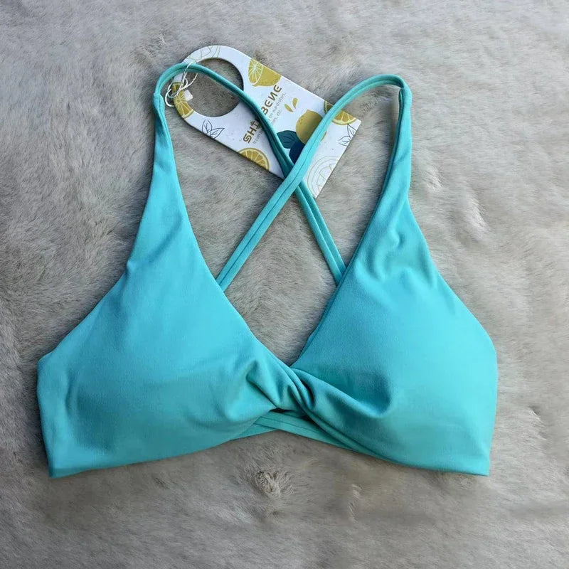 SHINBENE Front Twist Padded Cross Strap Sports Bra Sexy Back Fitness Sleeveless Short Top Yoga Sports Bra