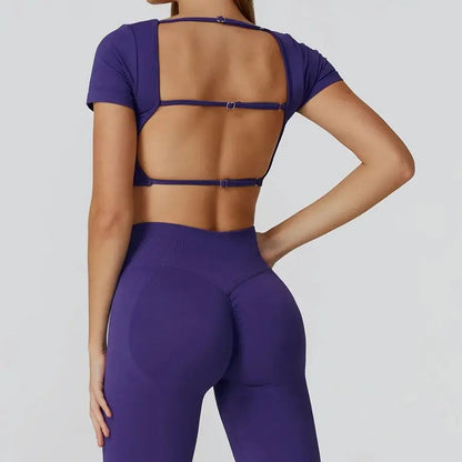 Seamless Women's Yoga Crop Top Sport Short Sleeve T Shirts Fitness Clothes New Yoga Shirt Gym Sexy Backless Top Quick Drying Top