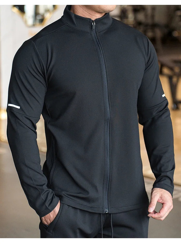 Men's Sports Fitness Casual Tops Long Sleeve Stand Up Collar Solid Colour Jacket Jogging Workout Sweatshirt with Zip Long Sleeve