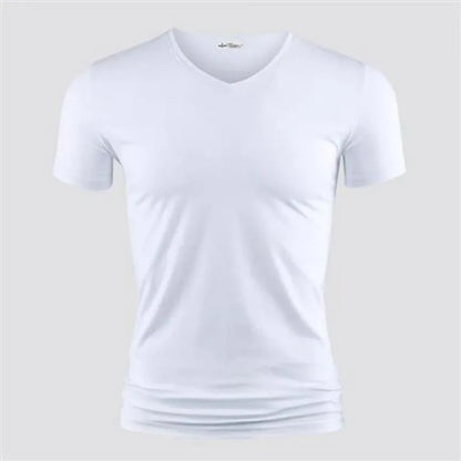 2025 Men's T Shirt Pure Color V Collar Short Sleeved Tops Tees Men T-Shirt Black Tights Man T-Shirts Fitness For Male Clothes