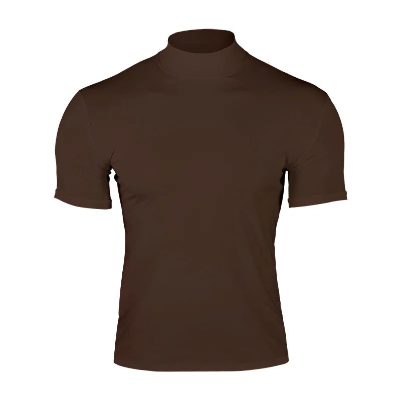 Cross-border Amazon 2024 summer solid color short-sleeved fashion bottoming shirt men's tight turtleneck T-shirt