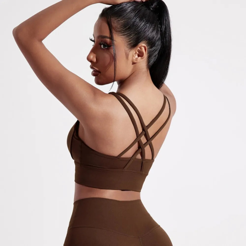 Solid Color Women Cross back Fitness sport Bra high strength Tight Top Comprehensive Training Gym Yoga Underwear With Chest Pad