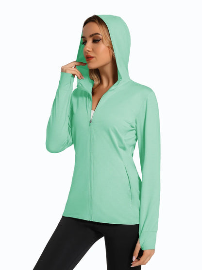MAGCOMSEN Spring Lightweight Jackets Women's UPF 50+ Sun Protection Hooded Zip Shirts Running Athletic Tops Thumb Holes Hiking