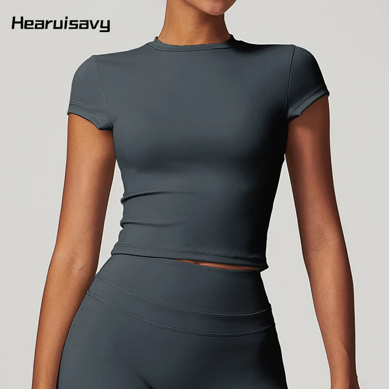 Hearuisavy Casual T-shirt Female Fitness Gym Top Yoga Clothing Sports Short-Sleeved Shirt Women Quick-Dry Workout Shirt Women