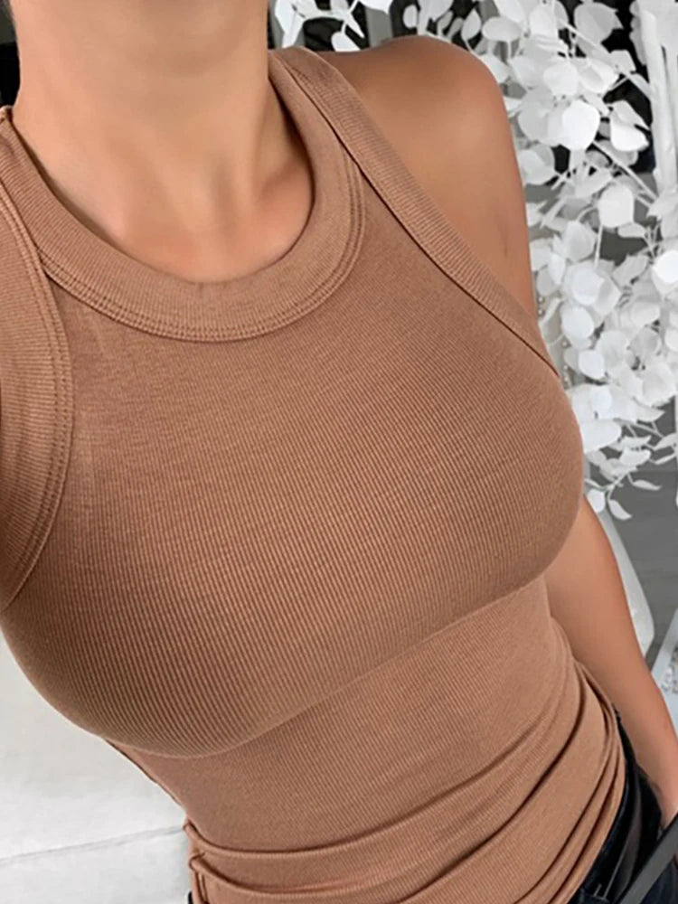 Women Solid Round Neck Ribbed Tank Top Camisole Women Summer Basic Elastic Tank Top O Neck Solid Tank Top