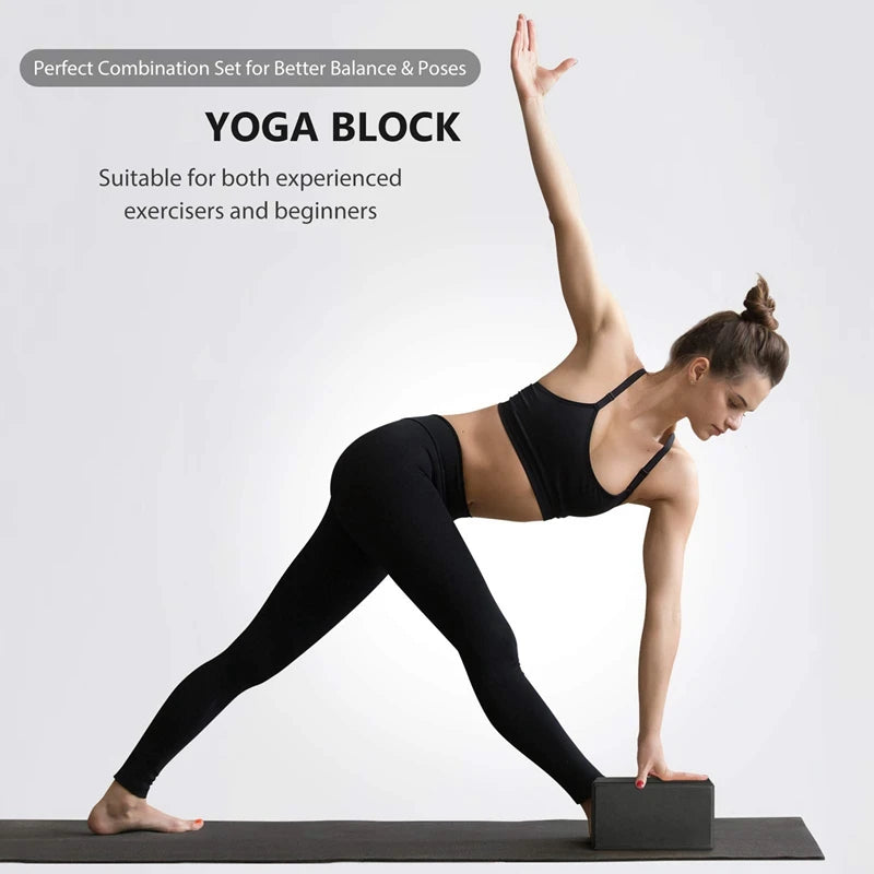 2X Yoga Block And Yoga Strap Set EVA Foam Soft Non-Slip Yoga Blocks Universal Pilates Stretching And Toning Black