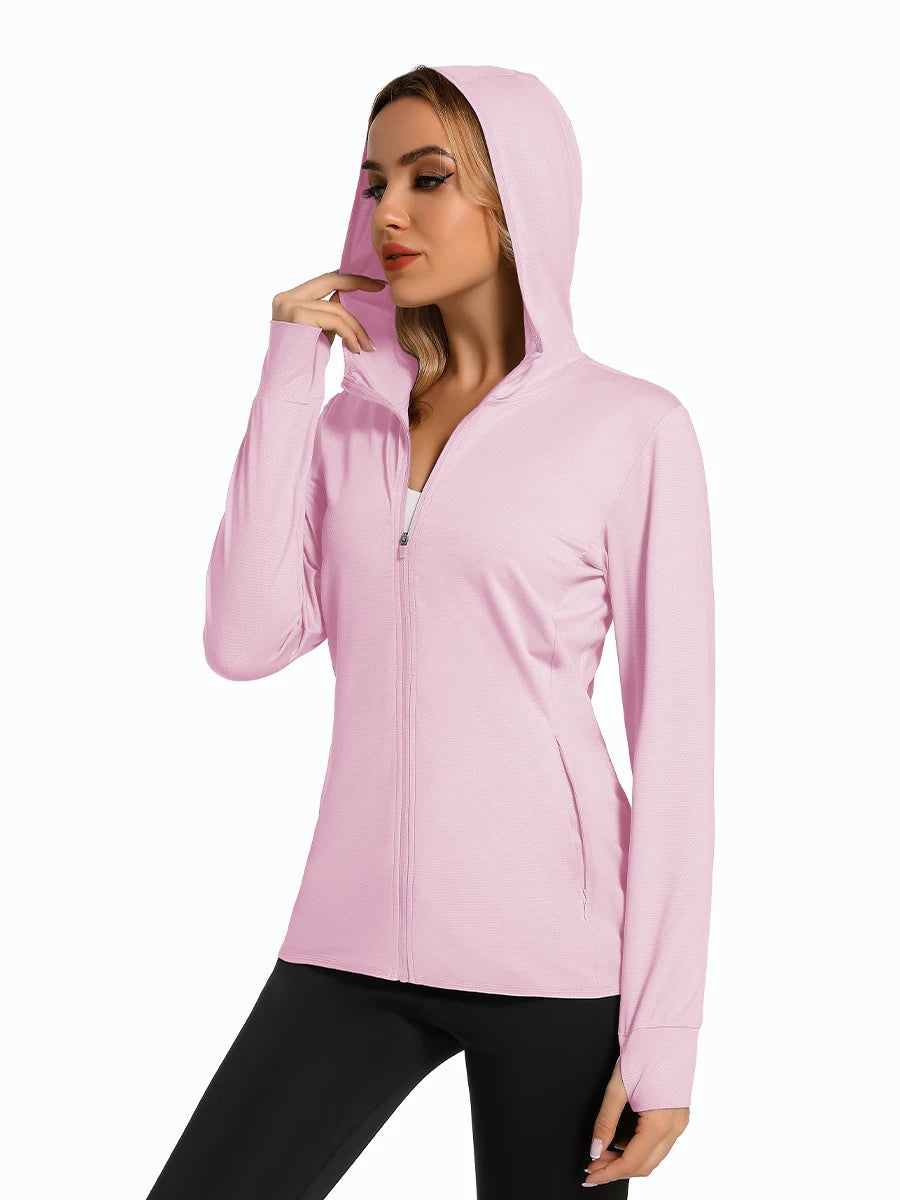MAGCOMSEN Spring Lightweight Jackets Women's UPF 50+ Sun Protection Hooded Zip Shirts Running Athletic Tops Thumb Holes Hiking
