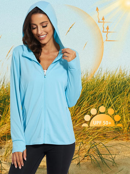 MAGCOMSEN Spring Lightweight Jackets Women's UPF 50+ Sun Protection Hooded Zip Shirts Running Athletic Tops Thumb Holes Hiking