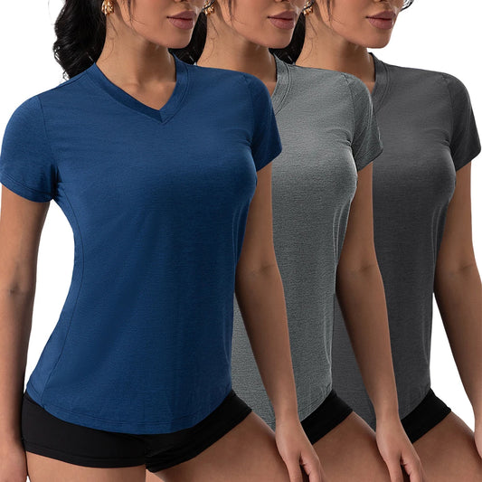 Summer Yoga Shirts for Women V-Neck Pleated Short Sleeve Sports Top Loose Solid Color Running Exercise Tee 5 Colors Gym Wear