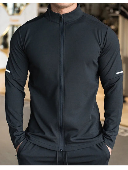 Men's Sports Fitness Casual Tops Long Sleeve Stand Up Collar Solid Colour Jacket Jogging Workout Sweatshirt with Zip Long Sleeve