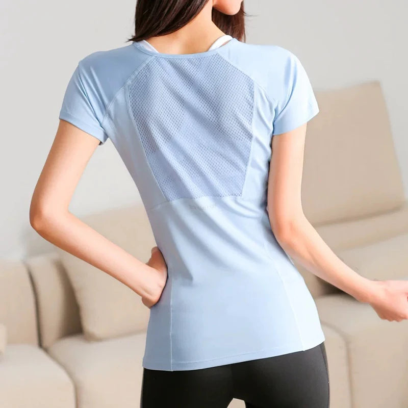 Women's sports and fitness short sleeved shirt, round neck pullover, mesh breathable quick drying yoga and fitness T-shirt