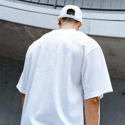 Plain Oversize Loose Short Sleeve T-shirts Gym Fitness Bodybuilding Shirts Mesh Breathable Quick Dry Dropped Shoulders Mens Tops