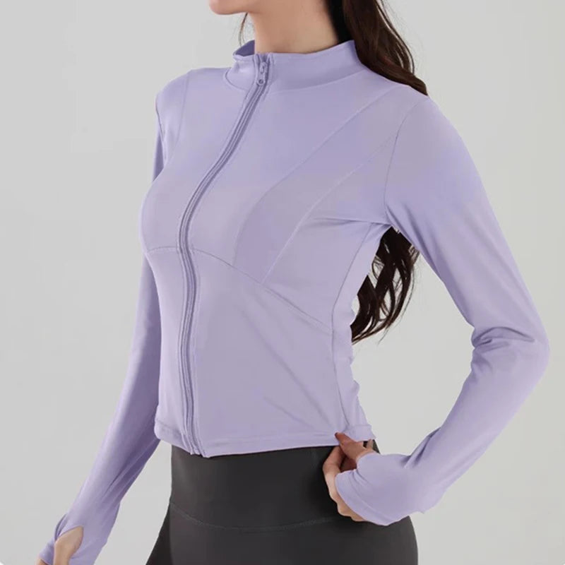 Women's Slim Fit Long Sleeved Yoga Exercise Jacket Stand up Collar Fitness Zipper Top Slimming Yoga Wear for Women