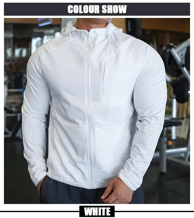 High Quality Nylon Sport Coat Mens Gym Fitness Hoodies Outdoor Workout Tops Hooded Training Running Zipped Jacket Clothes