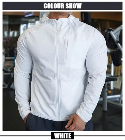 High Quality Nylon Sport Coat Mens Gym Fitness Hoodies Outdoor Workout Tops Hooded Training Running Zipped Jacket Clothes