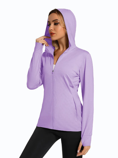 MAGCOMSEN Spring Lightweight Jackets Women's UPF 50+ Sun Protection Hooded Zip Shirts Running Athletic Tops Thumb Holes Hiking