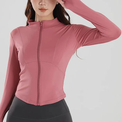 Women's Slim Fit Long Sleeved Yoga Exercise Jacket Stand up Collar Fitness Zipper Top Slimming Yoga Wear for Women
