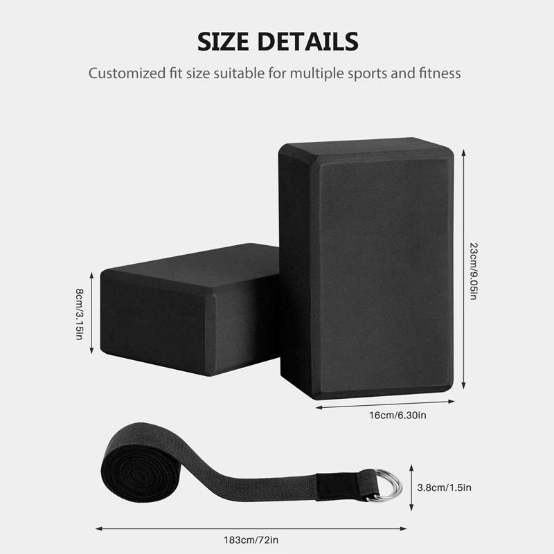 2X Yoga Block And Yoga Strap Set EVA Foam Soft Non-Slip Yoga Blocks Universal Pilates Stretching And Toning Black
