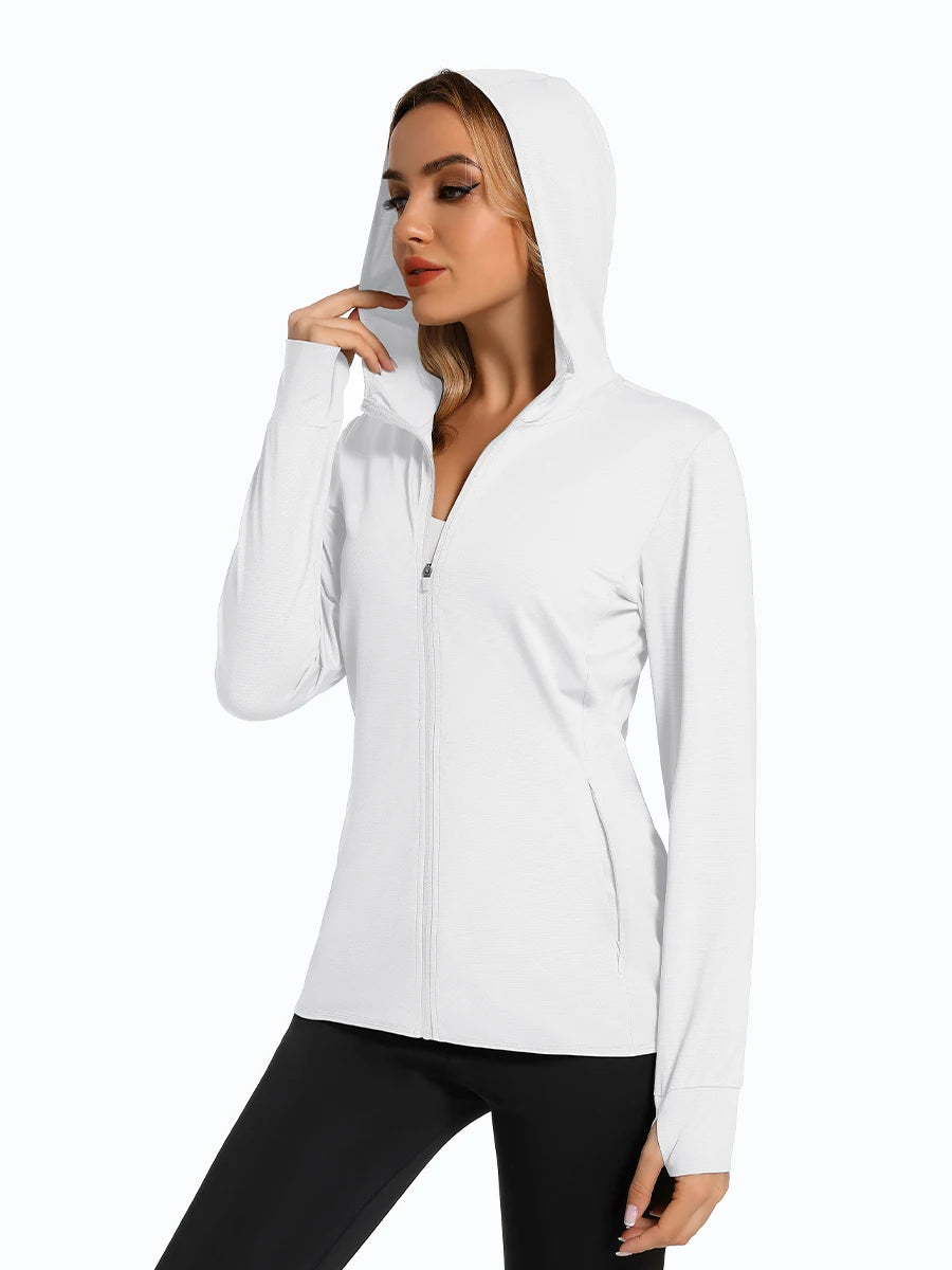 MAGCOMSEN Spring Lightweight Jackets Women's UPF 50+ Sun Protection Hooded Zip Shirts Running Athletic Tops Thumb Holes Hiking