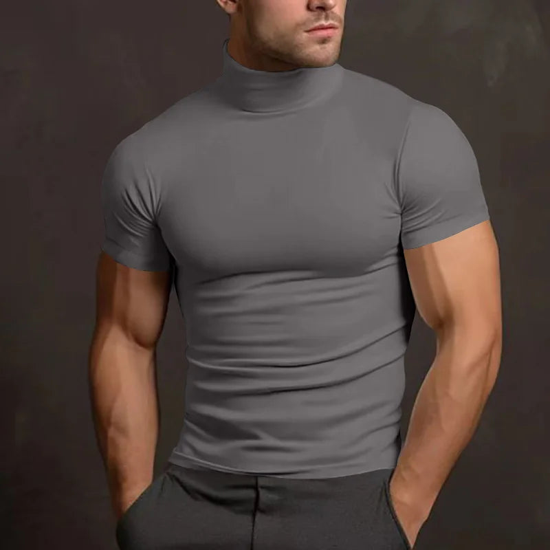 Cross-border Amazon 2024 summer solid color short-sleeved fashion bottoming shirt men's tight turtleneck T-shirt