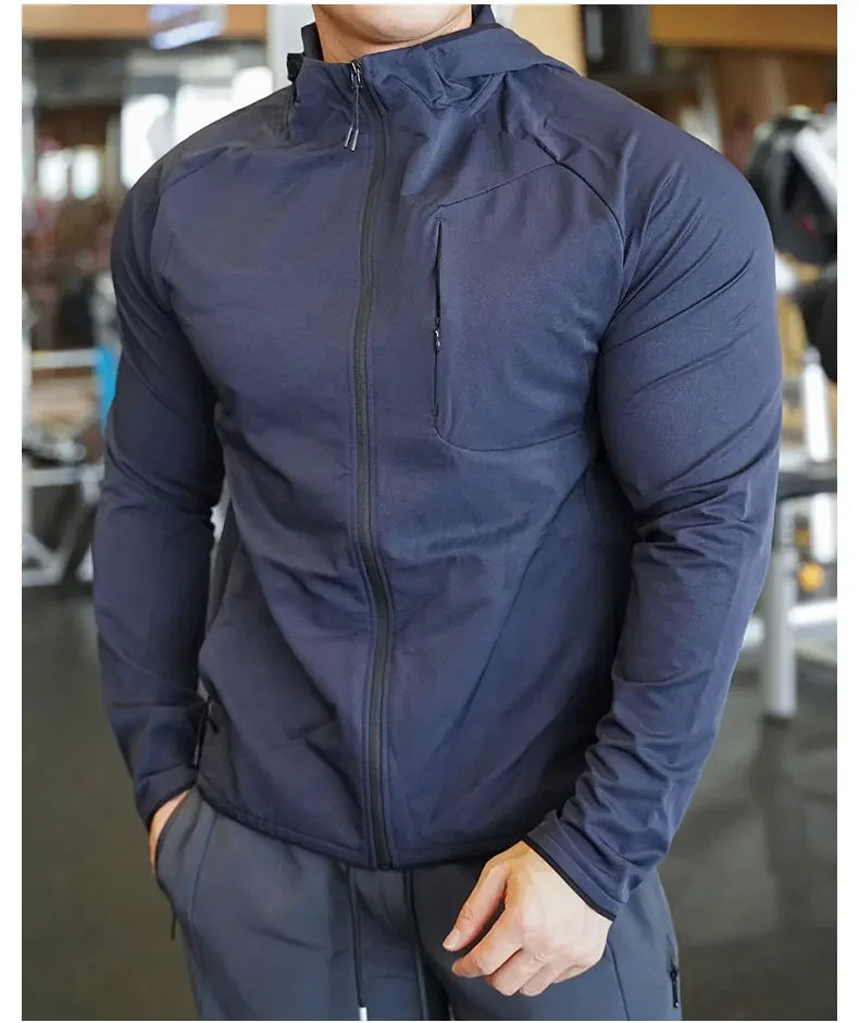 High Quality Nylon Sport Coat Mens Gym Fitness Hoodies Outdoor Workout Tops Hooded Training Running Zipped Jacket Clothes