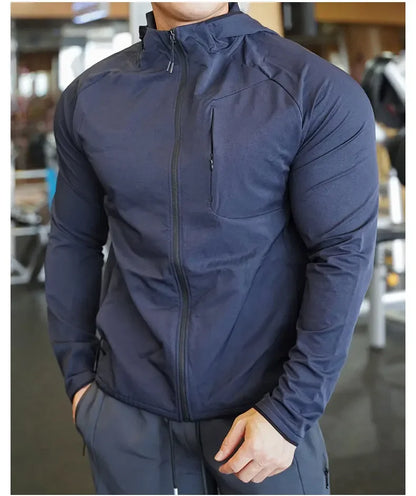 High Quality Nylon Sport Coat Mens Gym Fitness Hoodies Outdoor Workout Tops Hooded Training Running Zipped Jacket Clothes