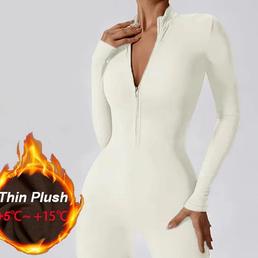 Warm Thin Fleece Jumpsuits Women's Tracksuit Winter One-Piece Sports Suit Black Fitness Jumpsuit Long Sleeves Workout Bodysuit