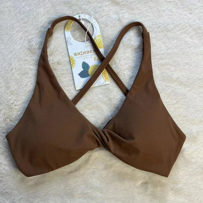 SHINBENE Front Twist Padded Cross Strap Sports Bra Sexy Back Fitness Sleeveless Short Top Yoga Sports Bra