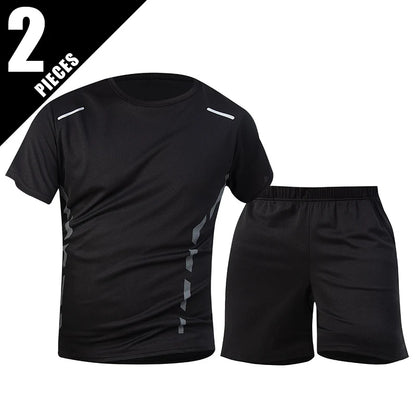 2-Piece Men's Summer Quick drying Sports Suit Loose And Breathable Short Sleeved T-shirt Running And Fitness Black Pocket Shorts