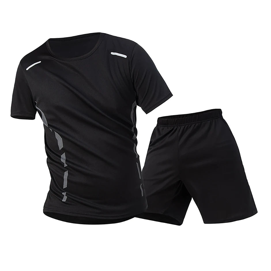 2-Piece Men's Summer Quick drying Sports Suit Loose And Breathable Short Sleeved T-shirt Running And Fitness Black Pocket Shorts