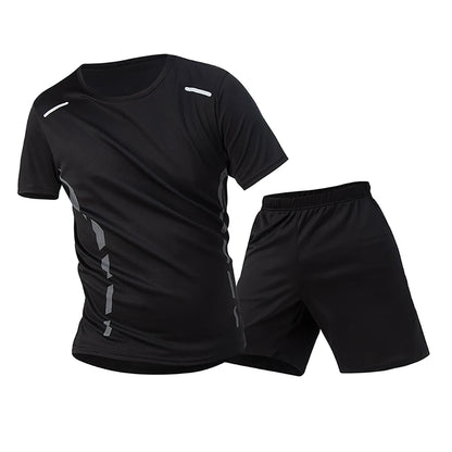 2-Piece Men's Summer Quick drying Sports Suit Loose And Breathable Short Sleeved T-shirt Running And Fitness Black Pocket Shorts