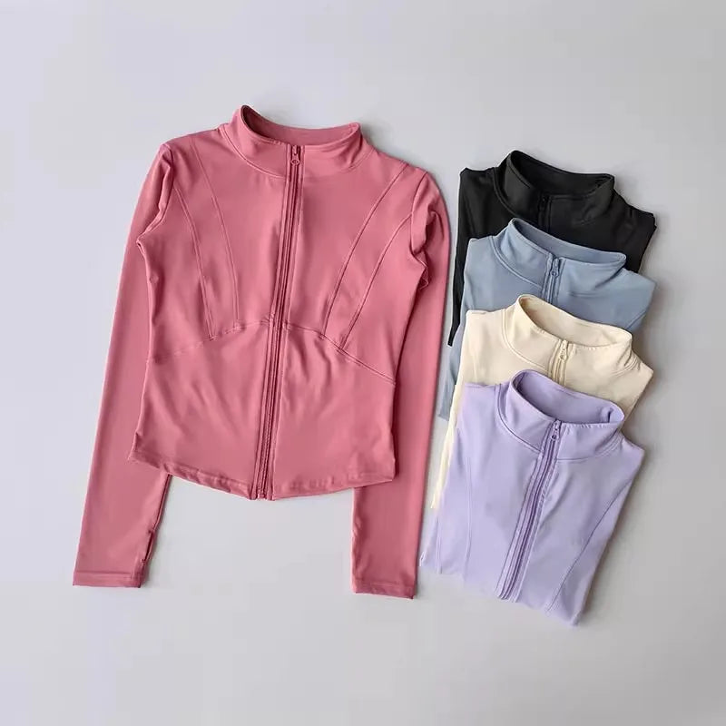 Women's Slim Fit Long Sleeved Yoga Exercise Jacket Stand up Collar Fitness Zipper Top Slimming Yoga Wear for Women