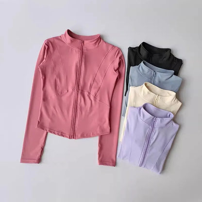 Women's Slim Fit Long Sleeved Yoga Exercise Jacket Stand up Collar Fitness Zipper Top Slimming Yoga Wear for Women